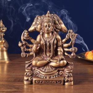 Brass Panchmukhi Hanuman Antique Statue | 8" x 6.5" x 2.6" (20.3 x 16.5 x 6.6 cm) | 2.12 kg Five-Faced Sacred Art | Heritage Murti